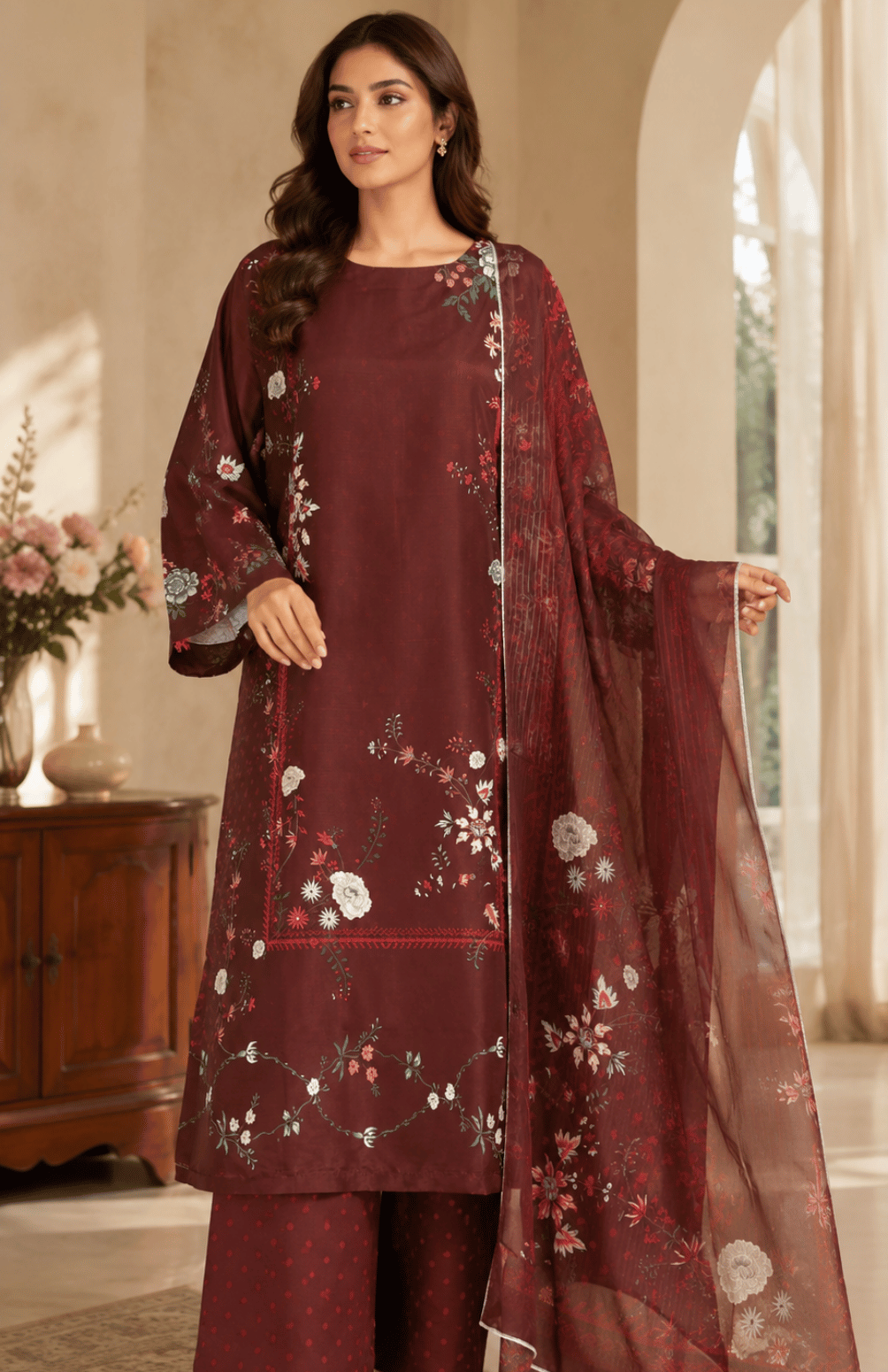 Burgundy Blossom Digital Printed Lawn 3 Piece Suit