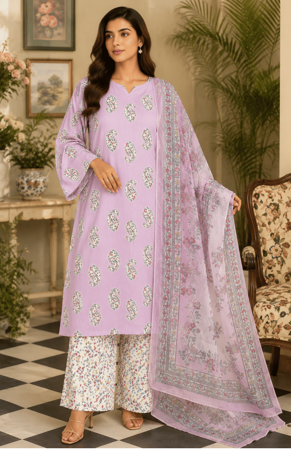 Lavender Paisley Digital Printed Lawn 3 Piece Suit