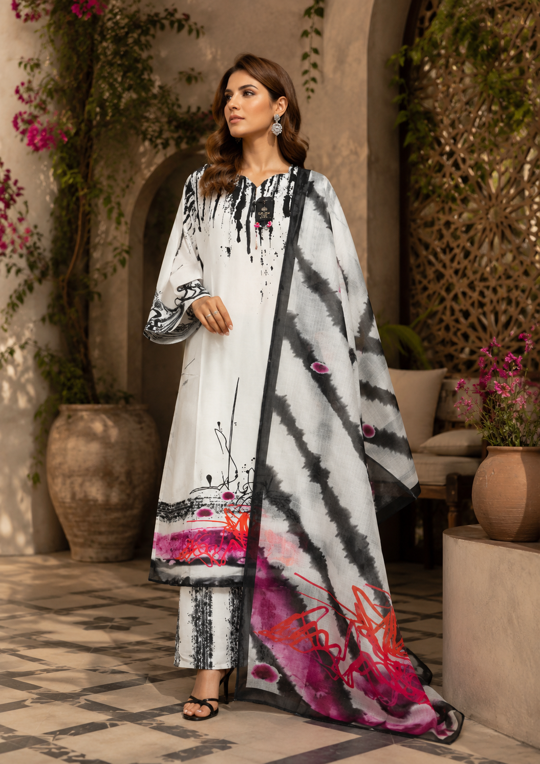 Monochrome Muse Digital Printed Lawn 3 Piece Suit