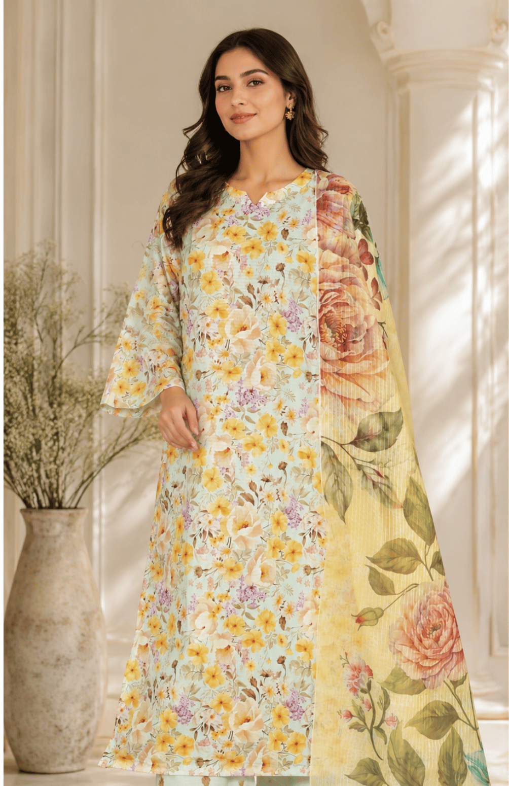 Golden Petals Digital Printed Lawn 3 Piece Suit